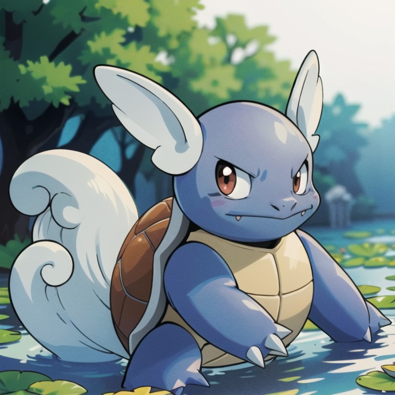 centered, award winning photo, (looking at viewer:1.2), |  Wartortle_Pokemon, |pond, lily pads,  | bokeh, depth of field, ...